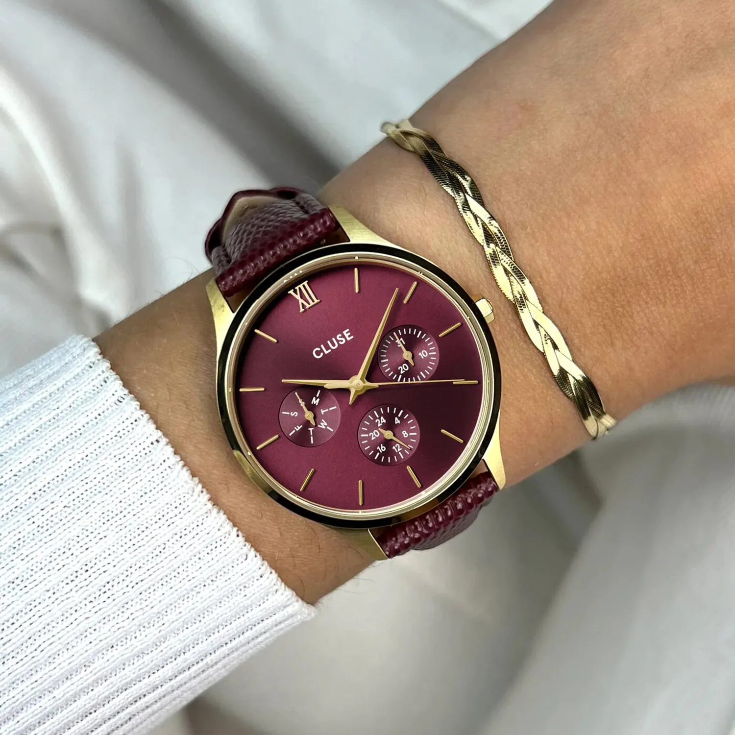 Cluse Minuit Multifunction Leather Strap Watch, Gold & Dark Cherry