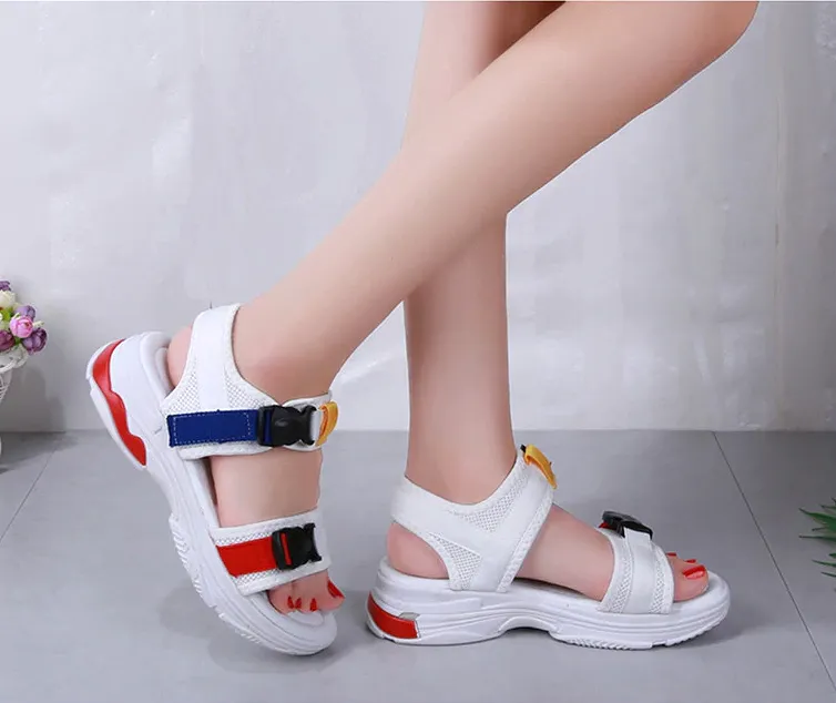 Colorful Buckle Open Toe Wedge Sandals