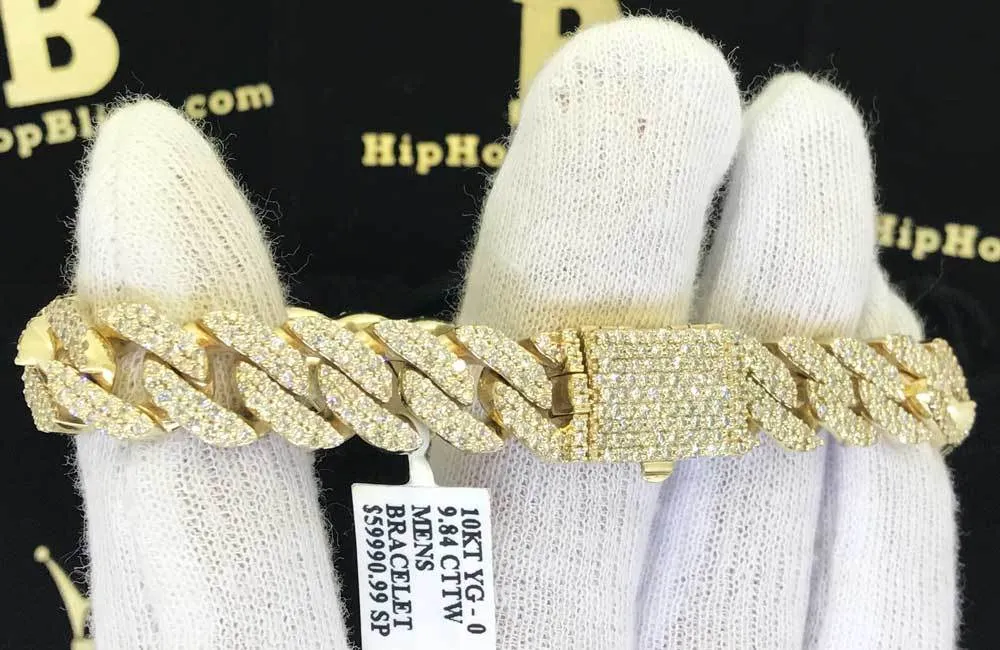 Cuban Link 12MM Diamond Bracelet 10.00 Carats 10K Yellow Gold