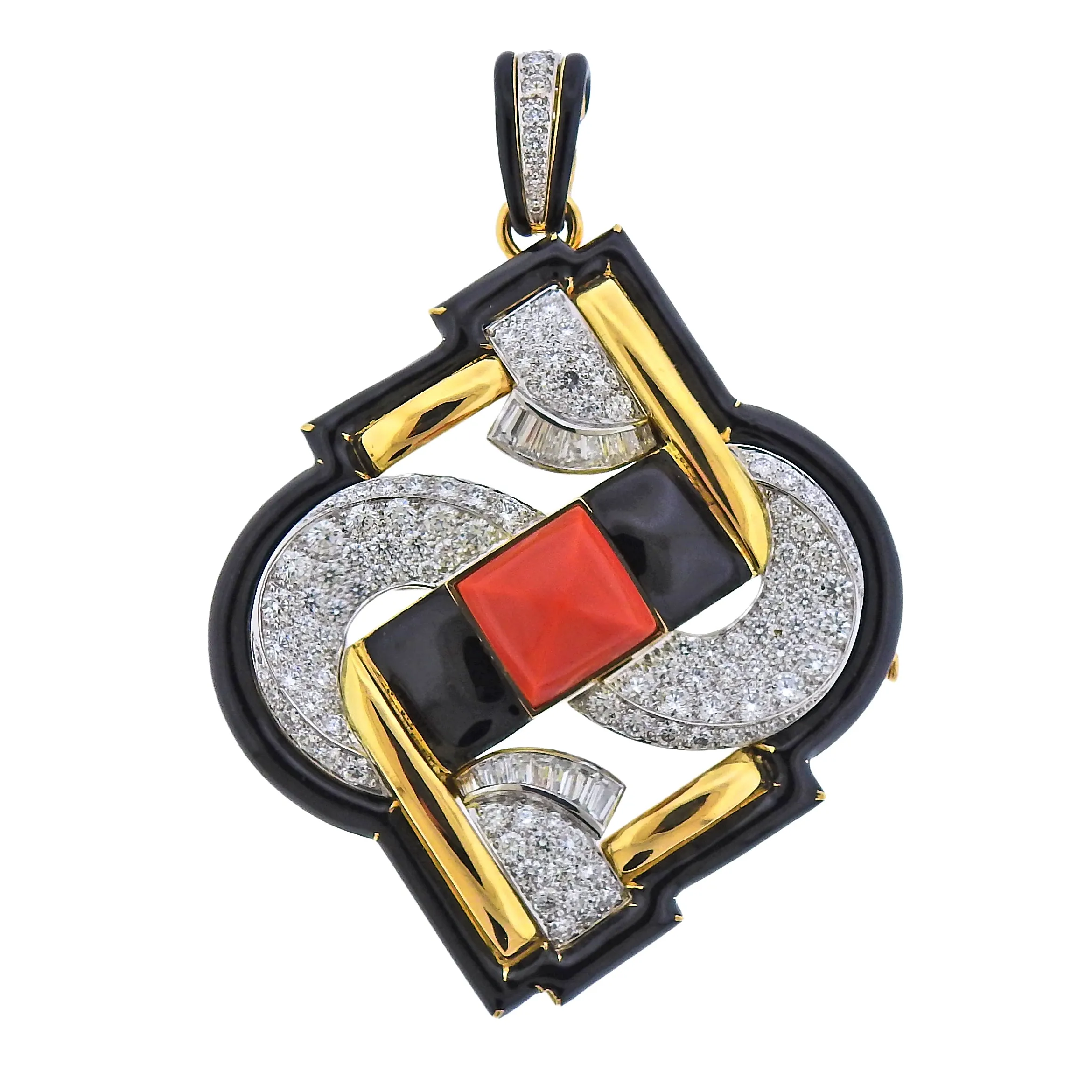 David Webb One of a Kind Platinum Gold Coral Diamond Enamel Pendant Brooch