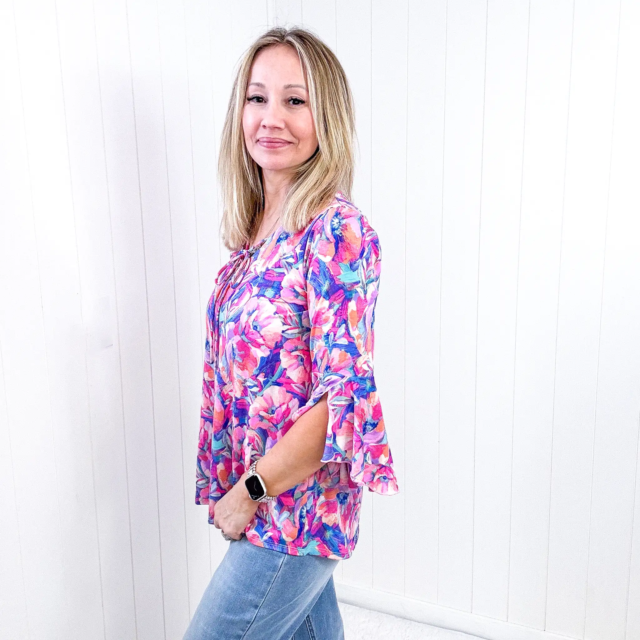 Dear Scarlett Willow Bell Sleeve Top in Royal Brushed Floral