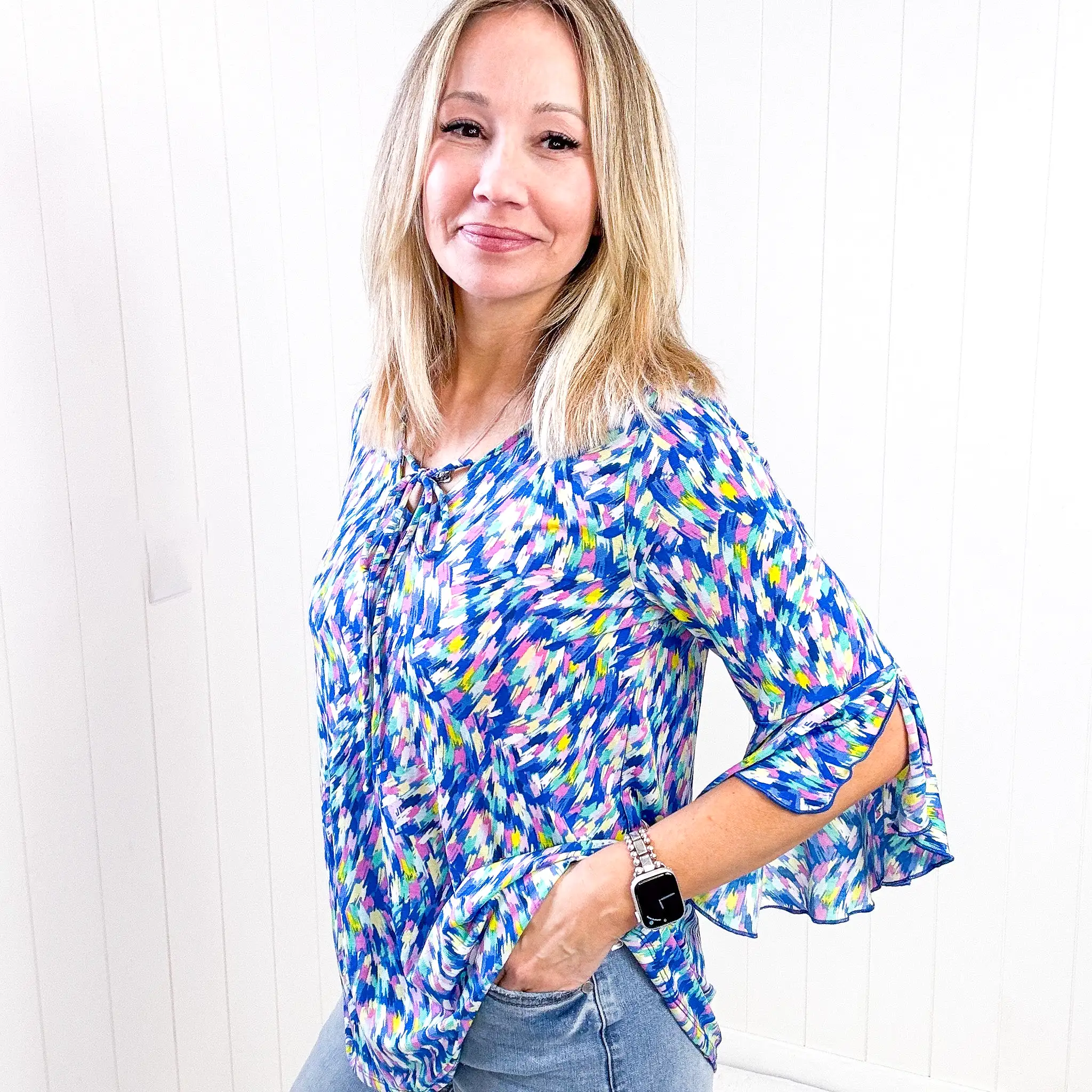 Dear Scarlett Willow Bell Sleeve Top in Royal Brushed Multi