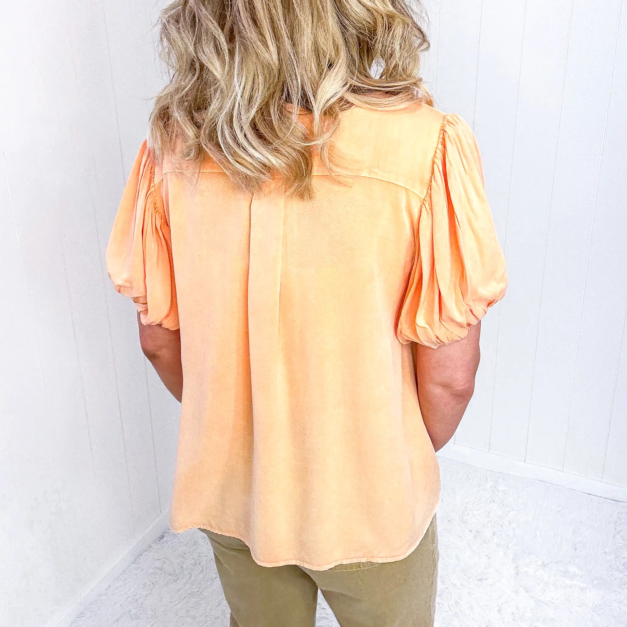 Easel Mineral Washed Orange Bubble Sleeve Blouse