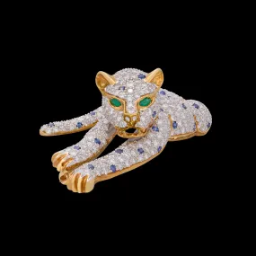 Exceptional Diamond, Emerald & Sapphire Vintage Leopard Brooch