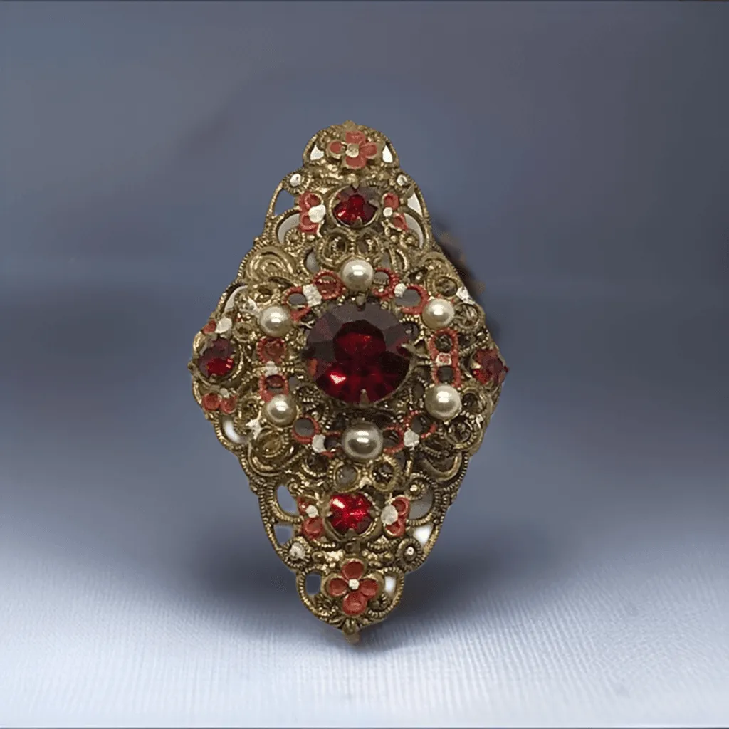 Exquisite Vintage Austrian Brooch with Filigree and Red Stones