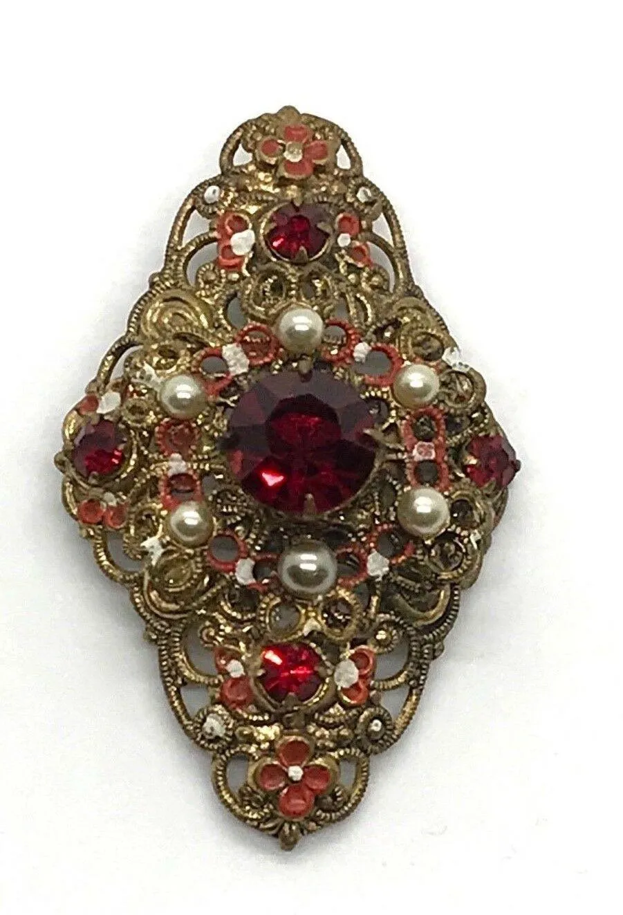 Exquisite Vintage Austrian Brooch with Filigree and Red Stones