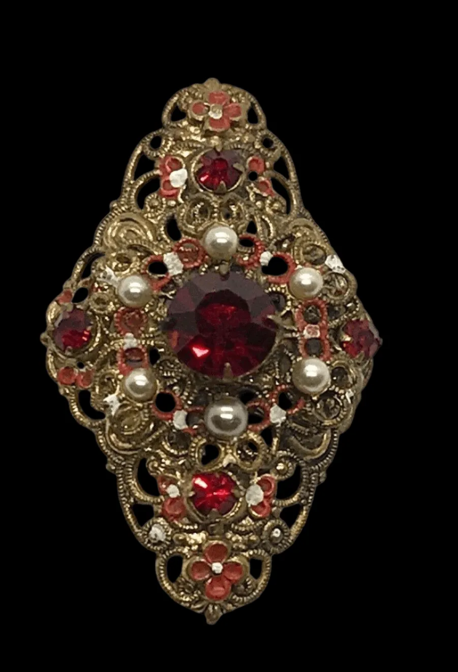 Exquisite Vintage Austrian Brooch with Filigree and Red Stones