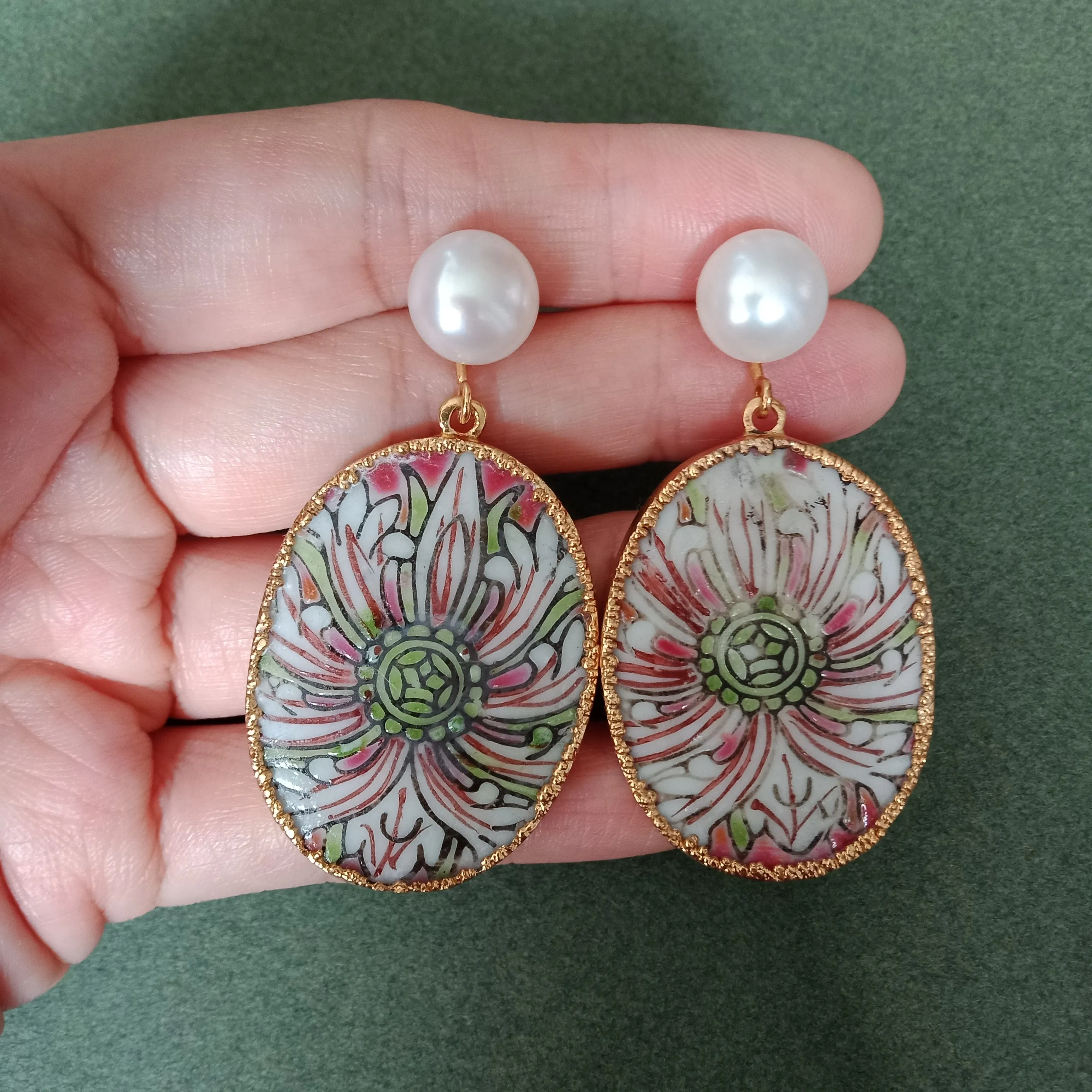 Famille rose lotus porcelain earrings