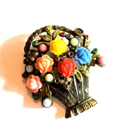 Festive Flower Basket Pot Metal Brooch w/ Rhinestones circa 1930s