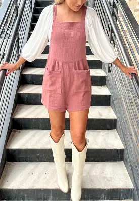 Gauze Overall Romper- Brick