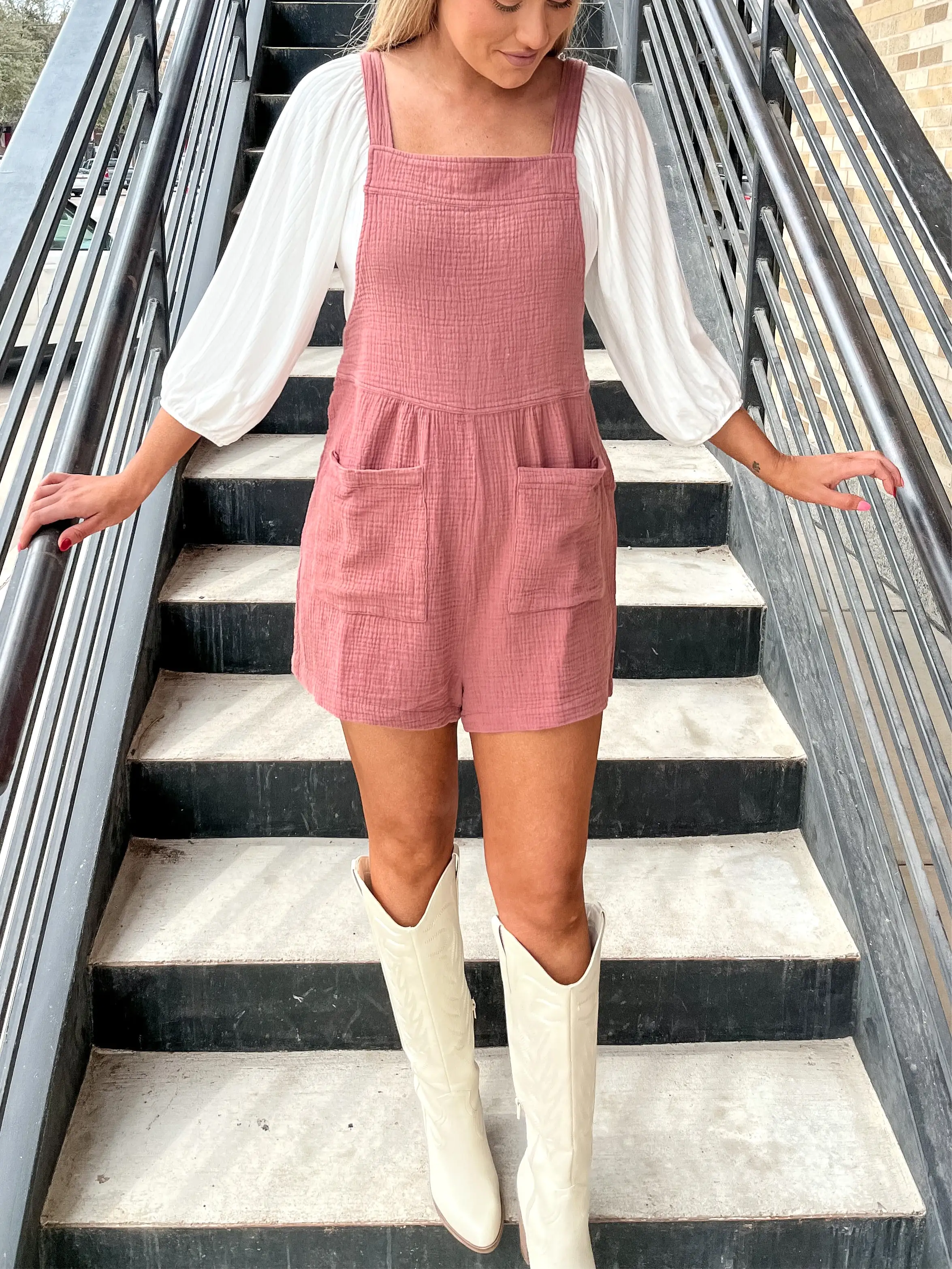 Gauze Overall Romper- Brick