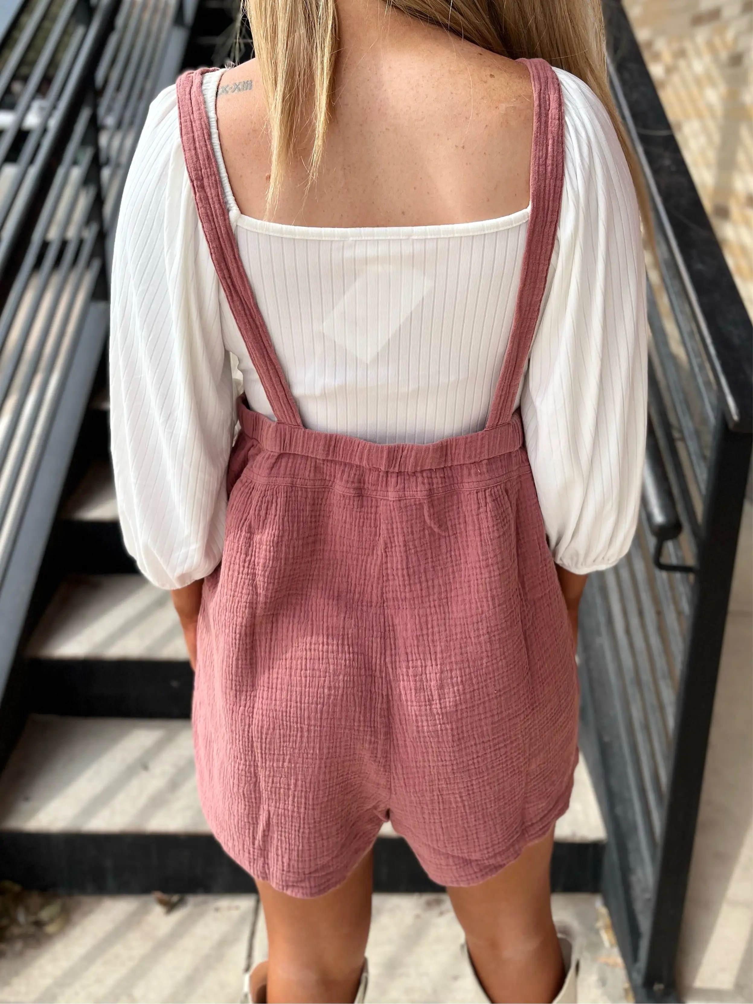 Gauze Overall Romper- Brick