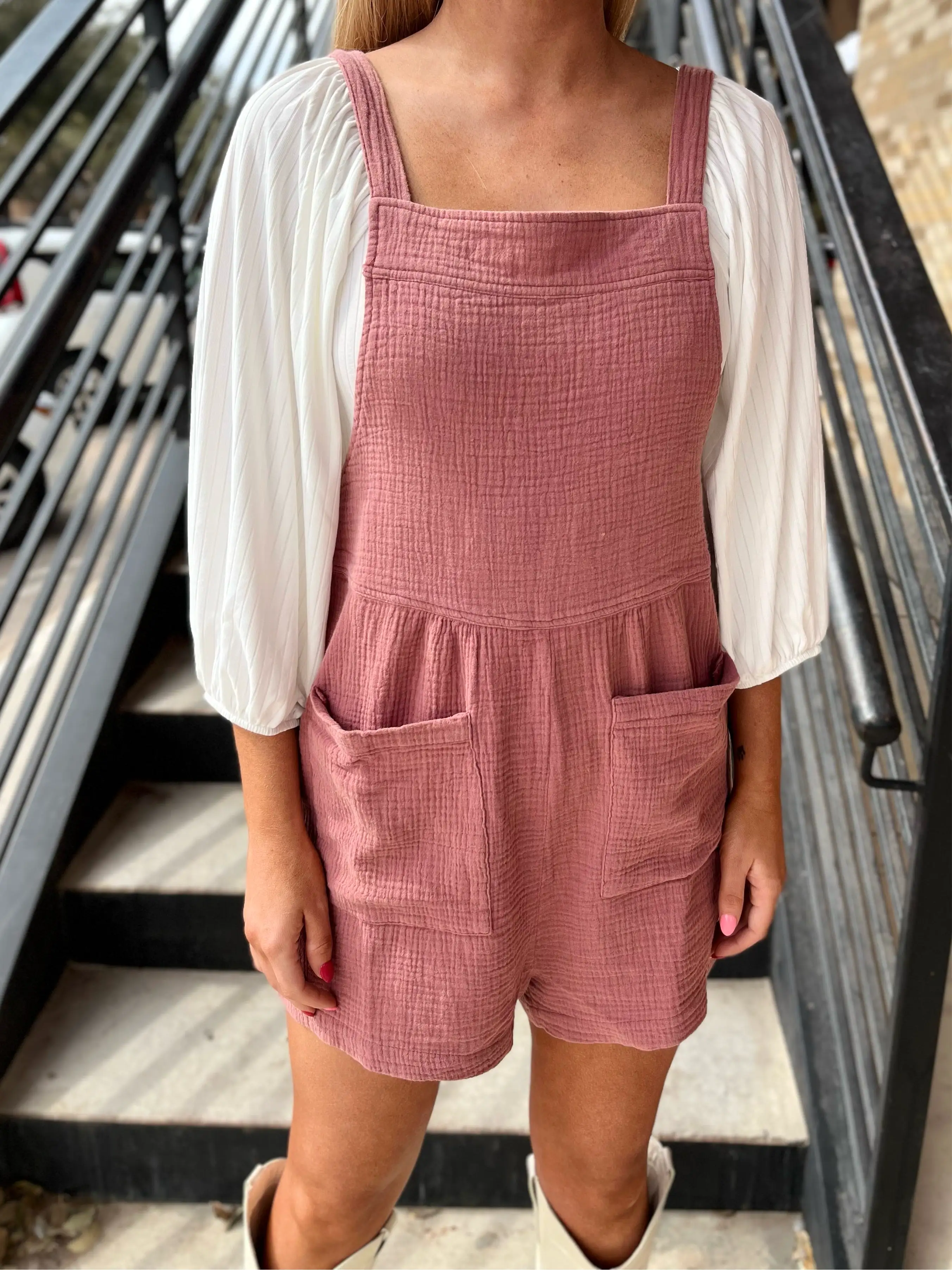 Gauze Overall Romper- Brick