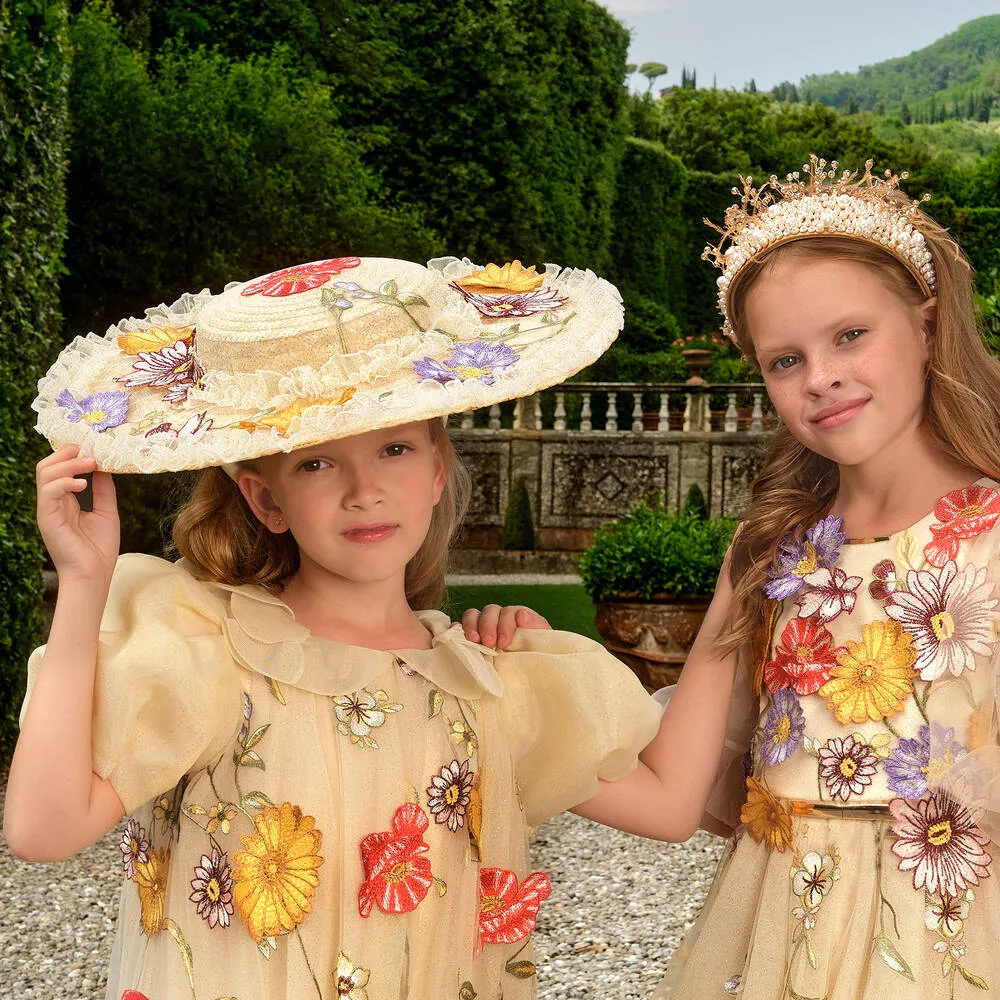 Girls Embroidered Tulle Straw Hat