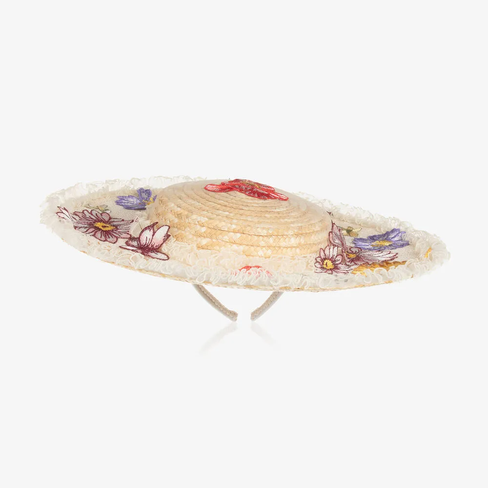 Girls Embroidered Tulle Straw Hat