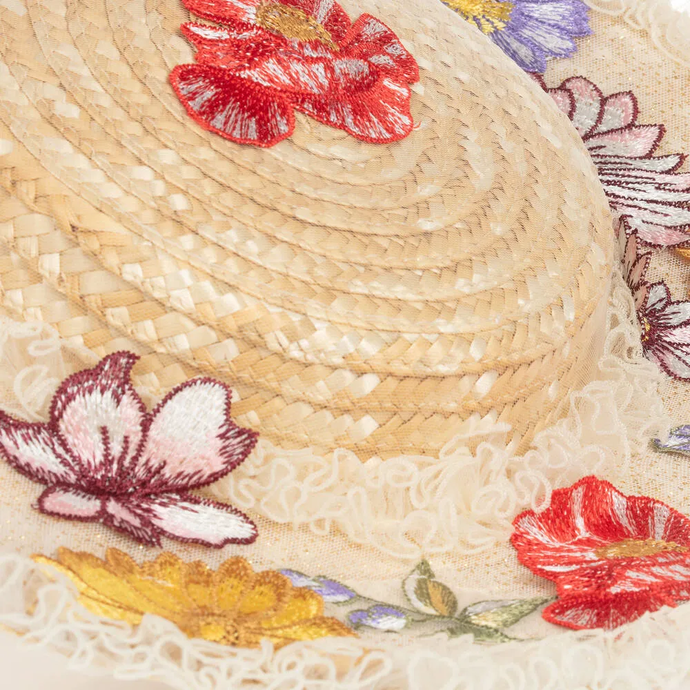 Girls Embroidered Tulle Straw Hat