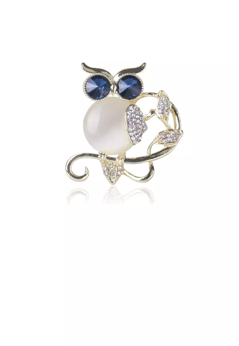 Glamorousky Fashion and Cute Plated Gold Owl Imitation Opal Brooch with Cubic Zirconia