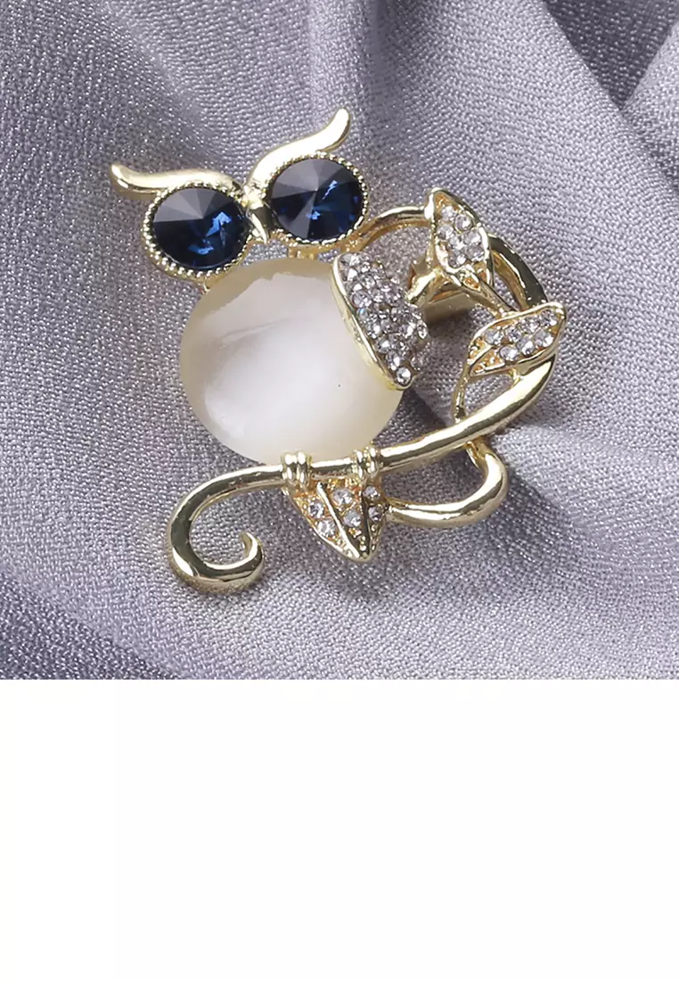 Glamorousky Fashion and Cute Plated Gold Owl Imitation Opal Brooch with Cubic Zirconia