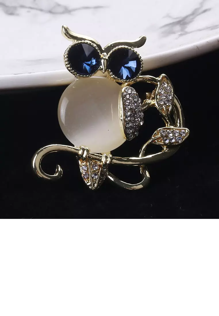 Glamorousky Fashion and Cute Plated Gold Owl Imitation Opal Brooch with Cubic Zirconia