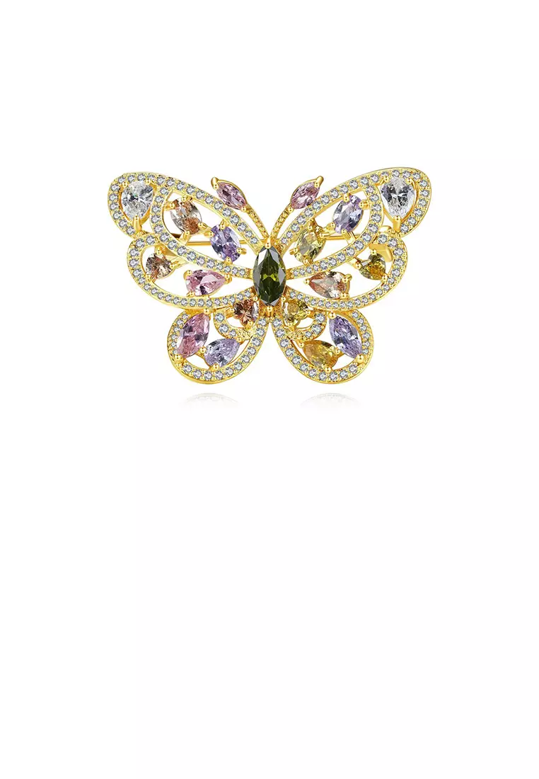 Glamorousky Fashion and Elegant Plated Gold Butterfly Brooch with Colorful Cubic Zirconia