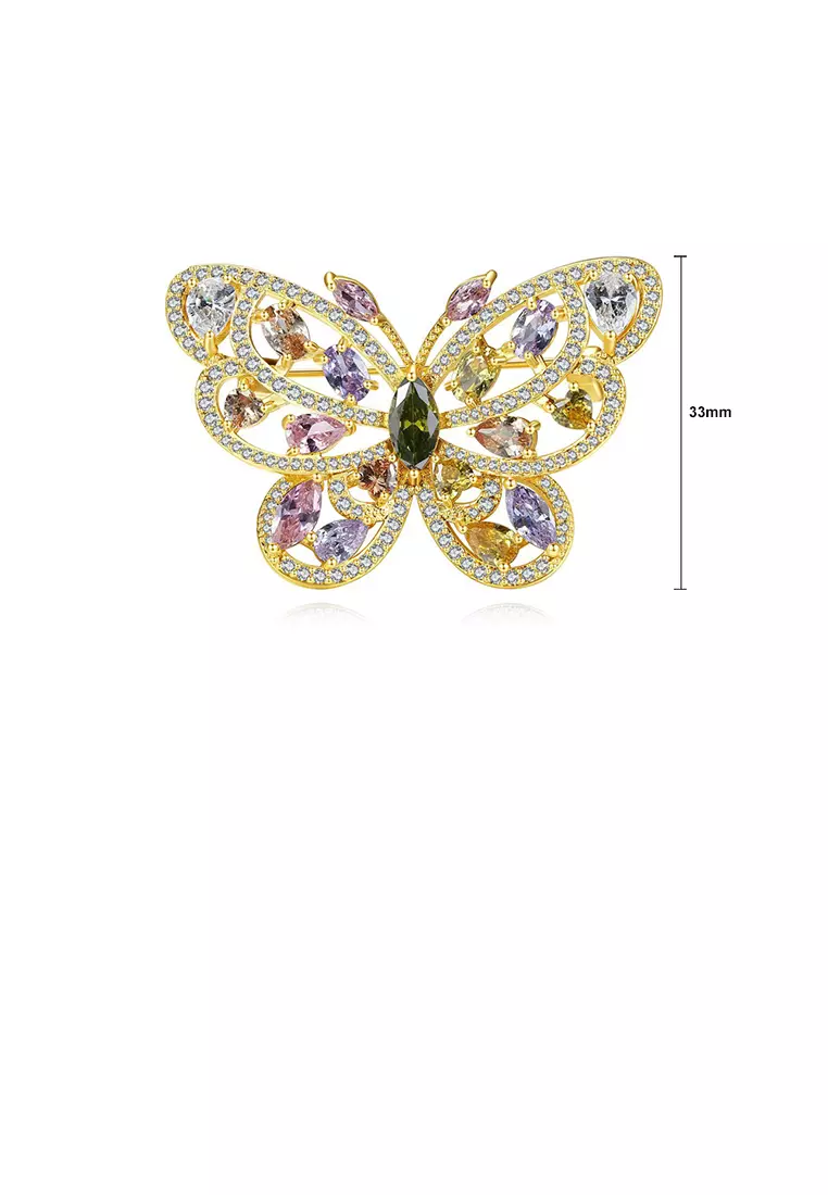 Glamorousky Fashion and Elegant Plated Gold Butterfly Brooch with Colorful Cubic Zirconia