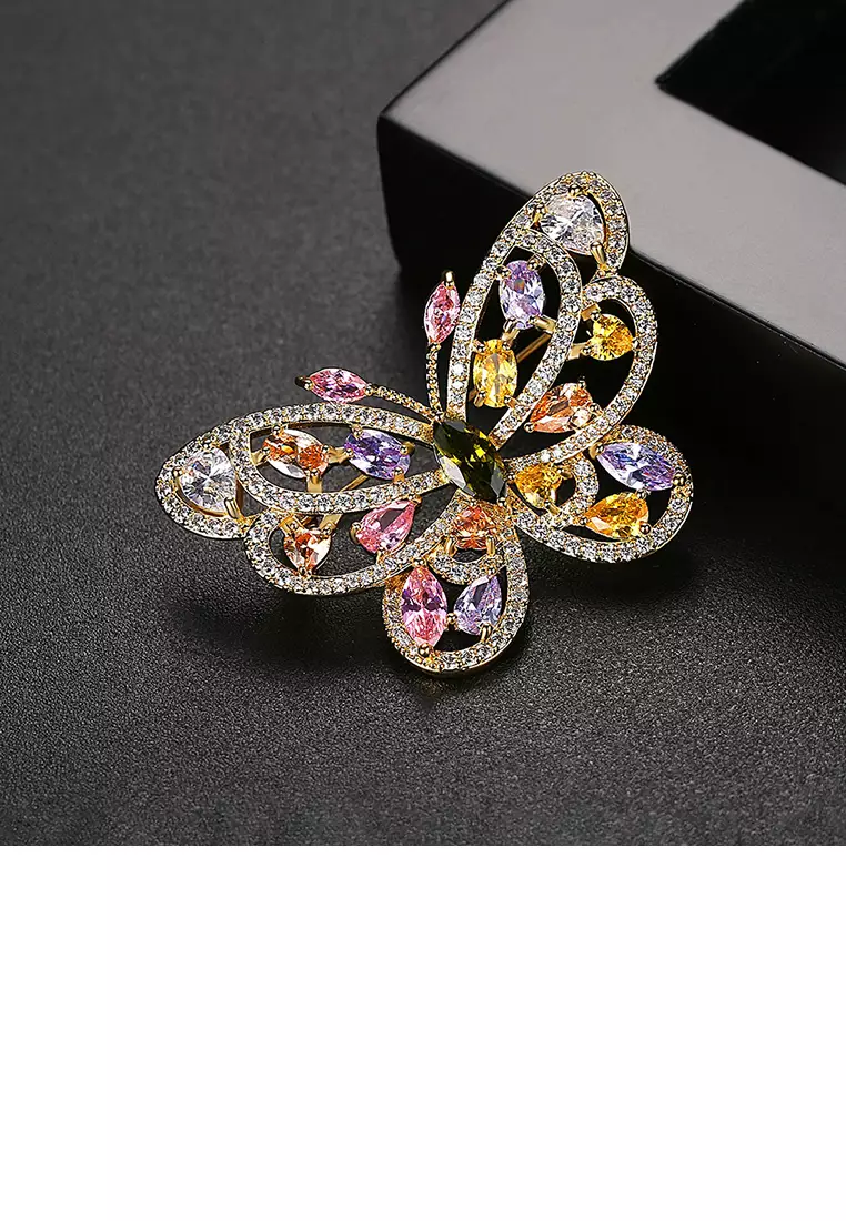 Glamorousky Fashion and Elegant Plated Gold Butterfly Brooch with Colorful Cubic Zirconia