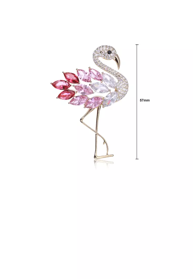 Glamorousky Fashion Temperament Plated Gold Flamingo Brooch with Pink Cubic Zirconia