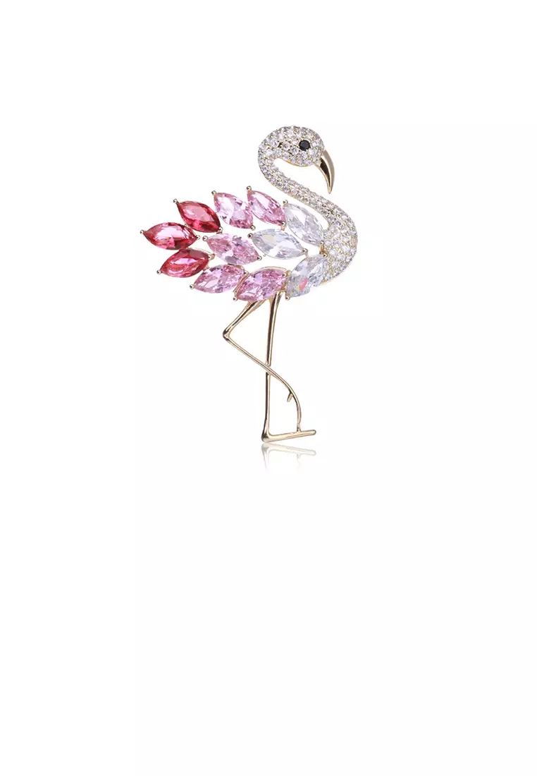 Glamorousky Fashion Temperament Plated Gold Flamingo Brooch with Pink Cubic Zirconia