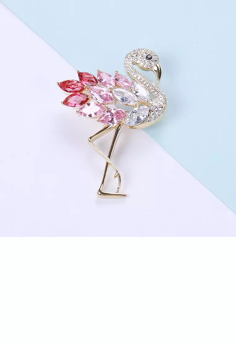 Glamorousky Fashion Temperament Plated Gold Flamingo Brooch with Pink Cubic Zirconia