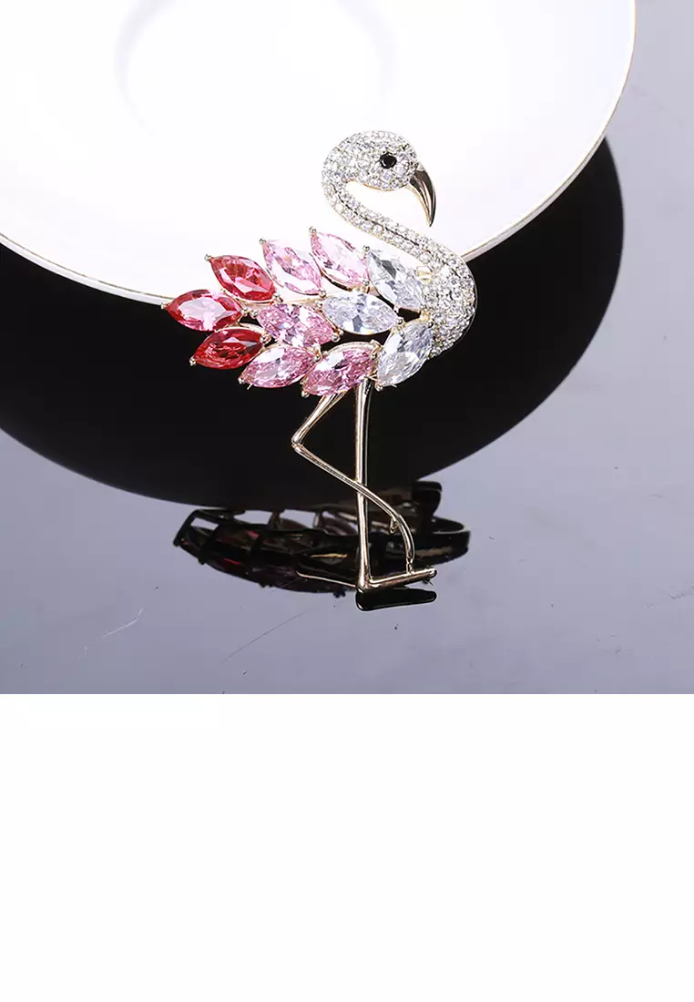 Glamorousky Fashion Temperament Plated Gold Flamingo Brooch with Pink Cubic Zirconia