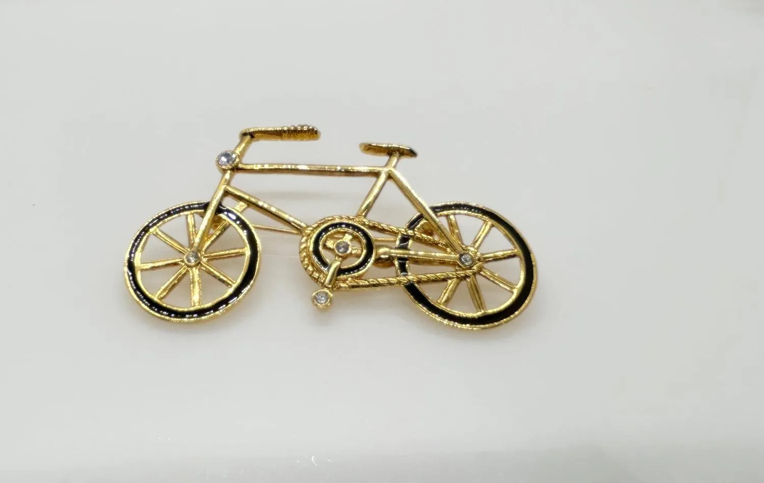 Gold and Black Bicycle Brooch with Clear Rhinestones