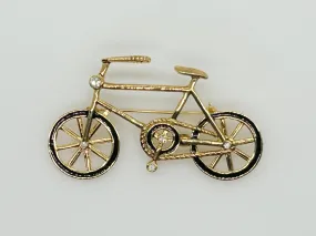 Gold and Black Bicycle Brooch with Clear Rhinestones