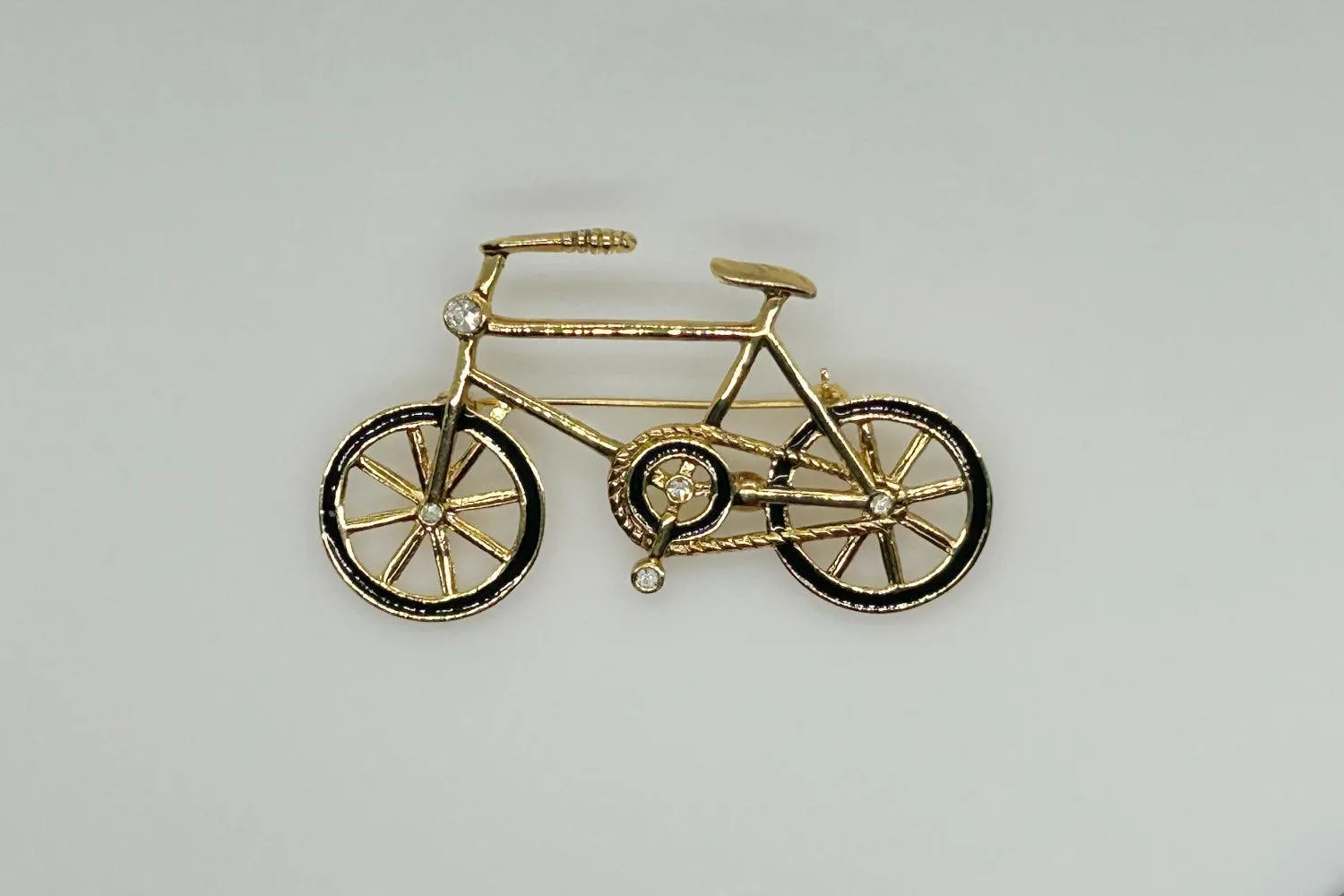 Gold and Black Bicycle Brooch with Clear Rhinestones