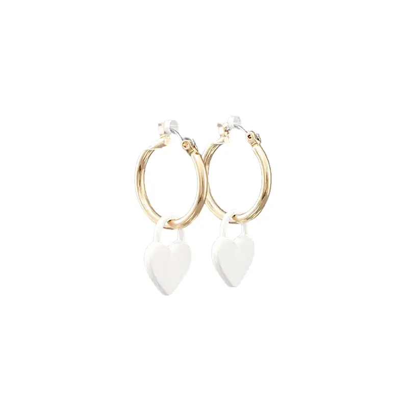 Gold Hoops with White Heart Earrings