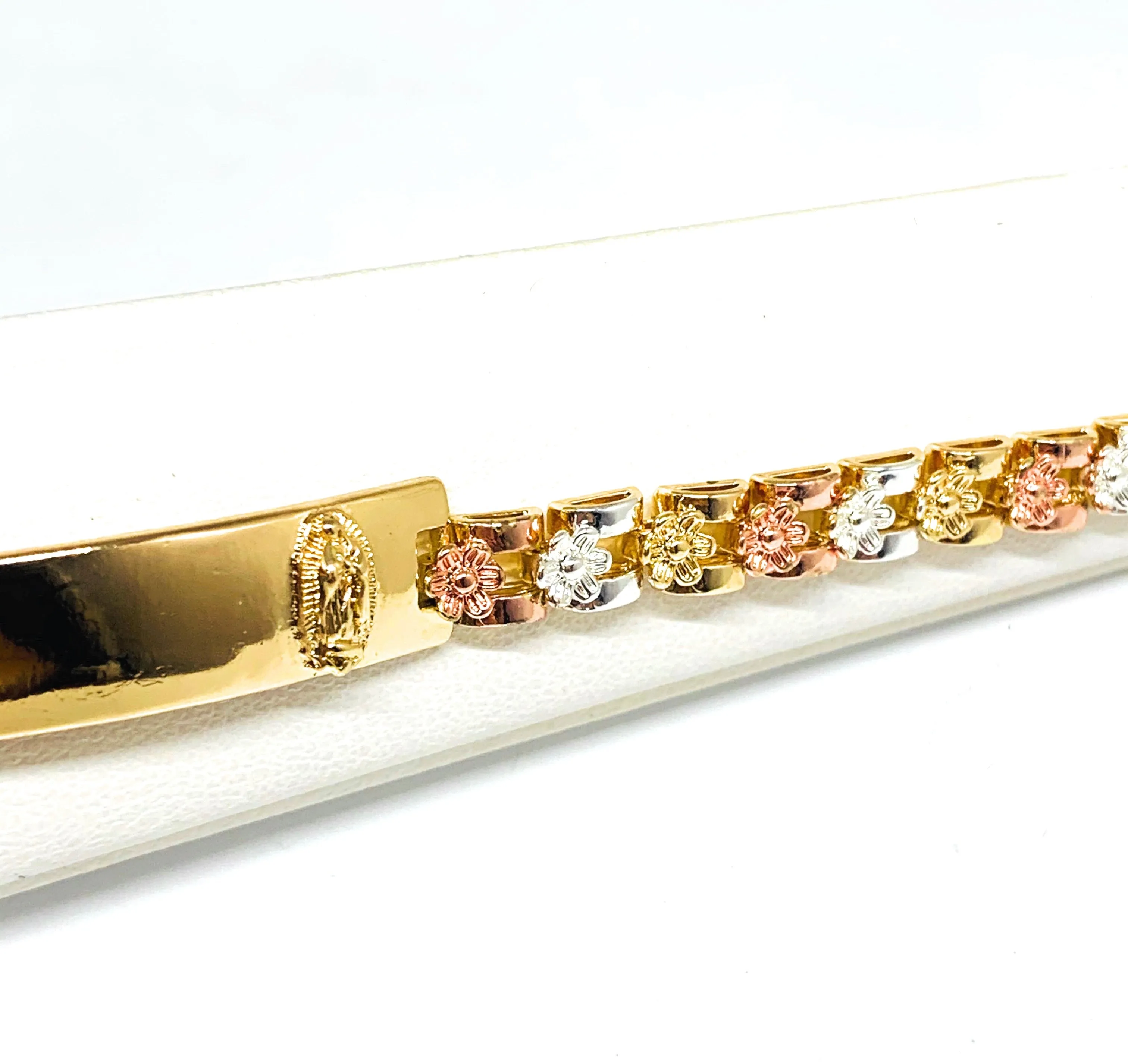 Gold Plated Tri-Color Virgin Mary Flower ID Bracelet 7.5” 5.5mm Width Esclava