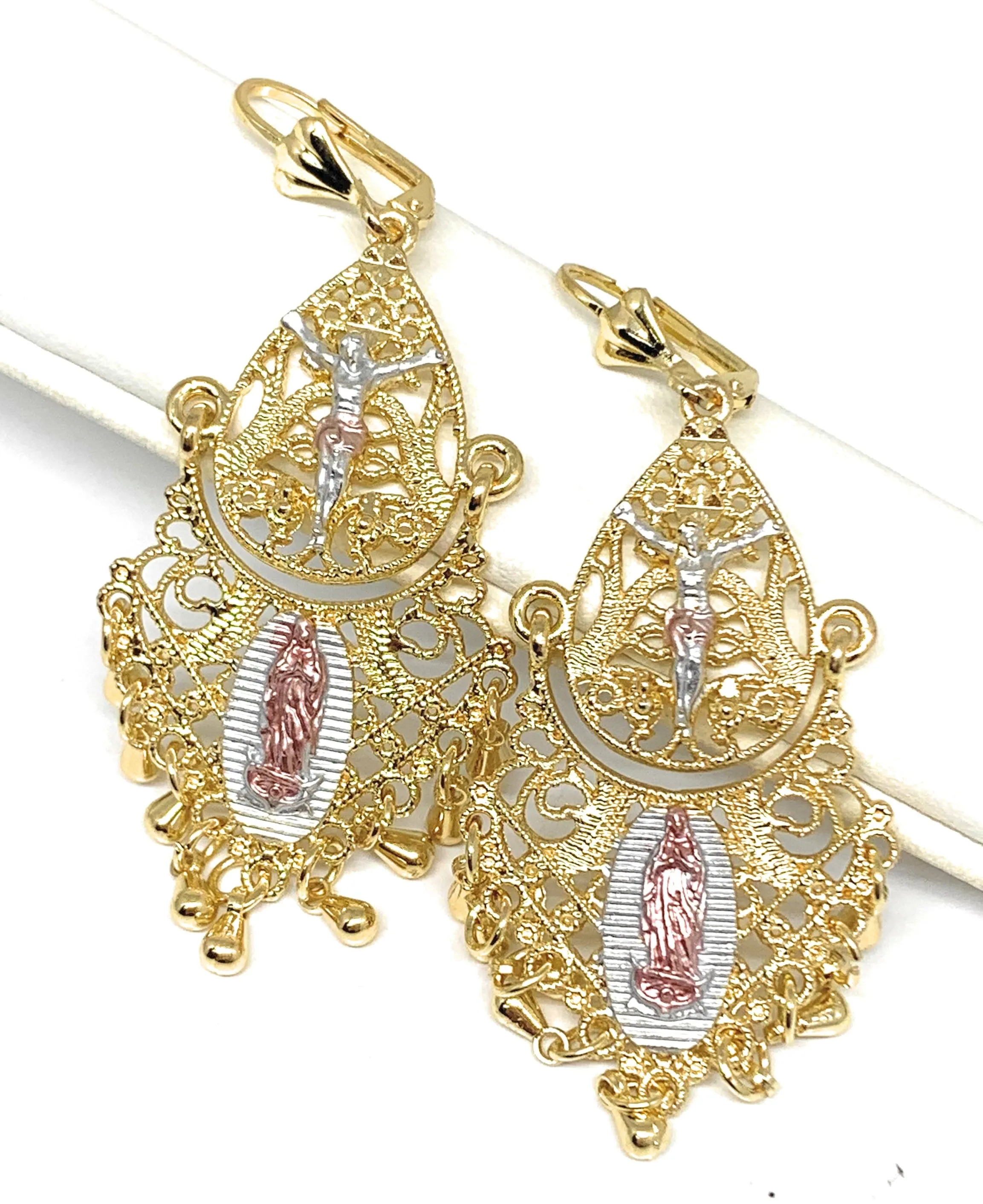 Gold Plated Virgin Mary Chandelier Earrings Virgen Guadalupe Aretes Folklorico