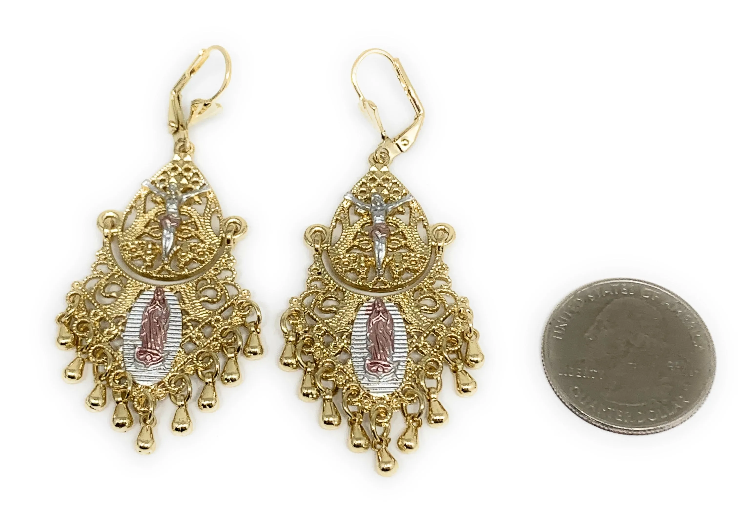 Gold Plated Virgin Mary Chandelier Earrings Virgen Guadalupe Aretes Folklorico