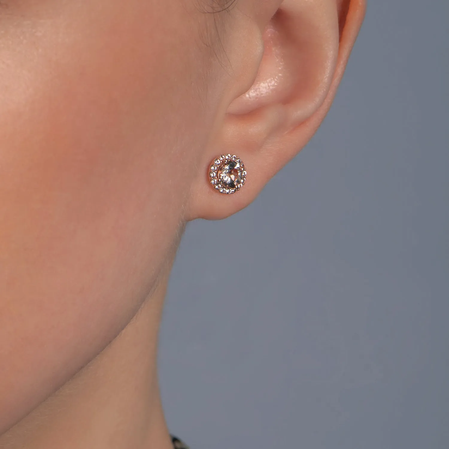 Jewelili 10K Rose Gold Round Natural Morganite and Created White Sapphire Stud Earrings