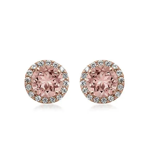 Jewelili 10K Rose Gold Round Natural Morganite and Created White Sapphire Stud Earrings