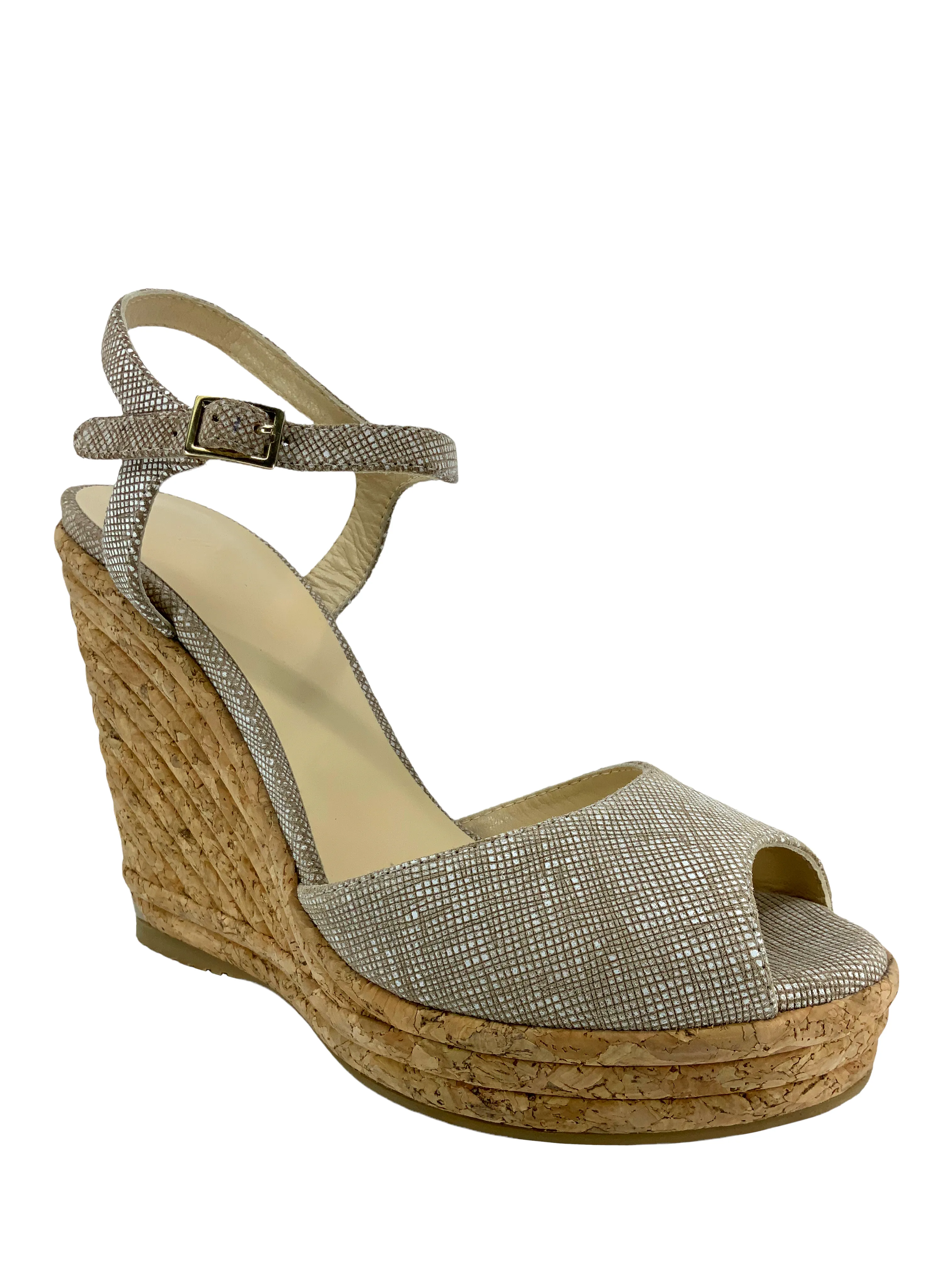 Jimmy Choo Textured Suede Cork Platform Wedge Sandals Size 9.5