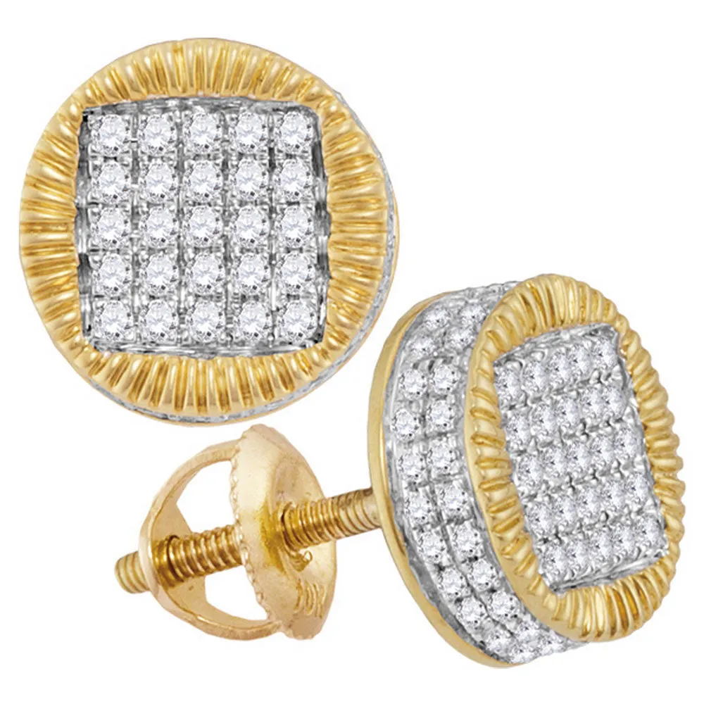 Keene Jewelers 10kt Yellow Gold Mens Round Diamond Fluted Circle Stud Earrings 1/2 Cttw