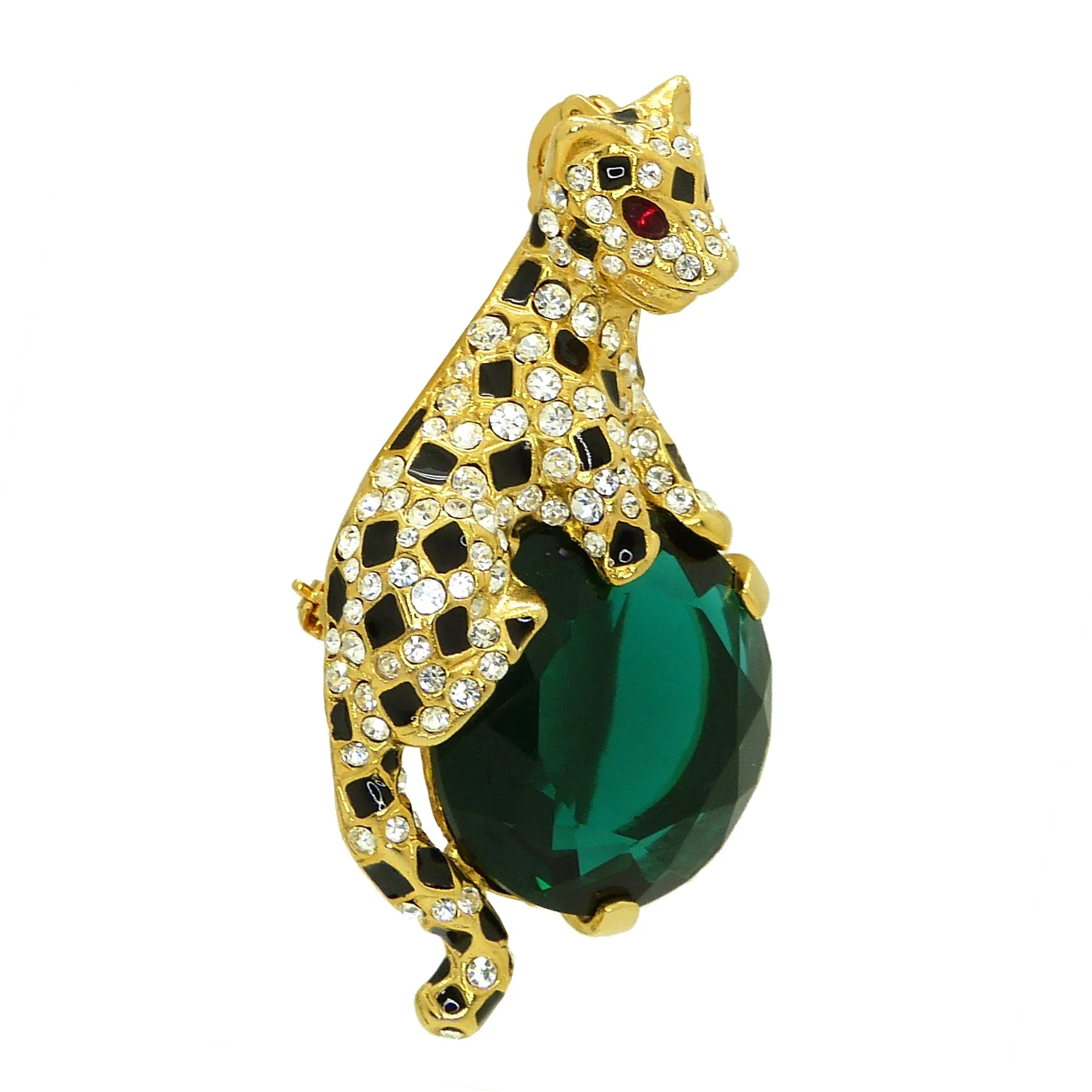 Kenneth Jay Lane KJL Gold-tone Crystal Emerald and Enamel Leopard Pin Brooch