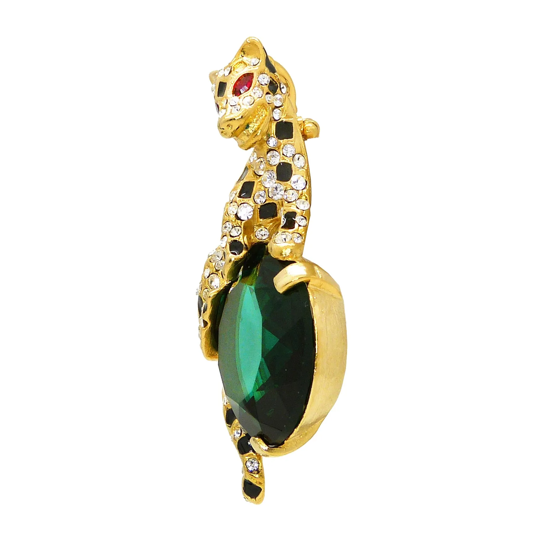 Kenneth Jay Lane KJL Gold-tone Crystal Emerald and Enamel Leopard Pin Brooch