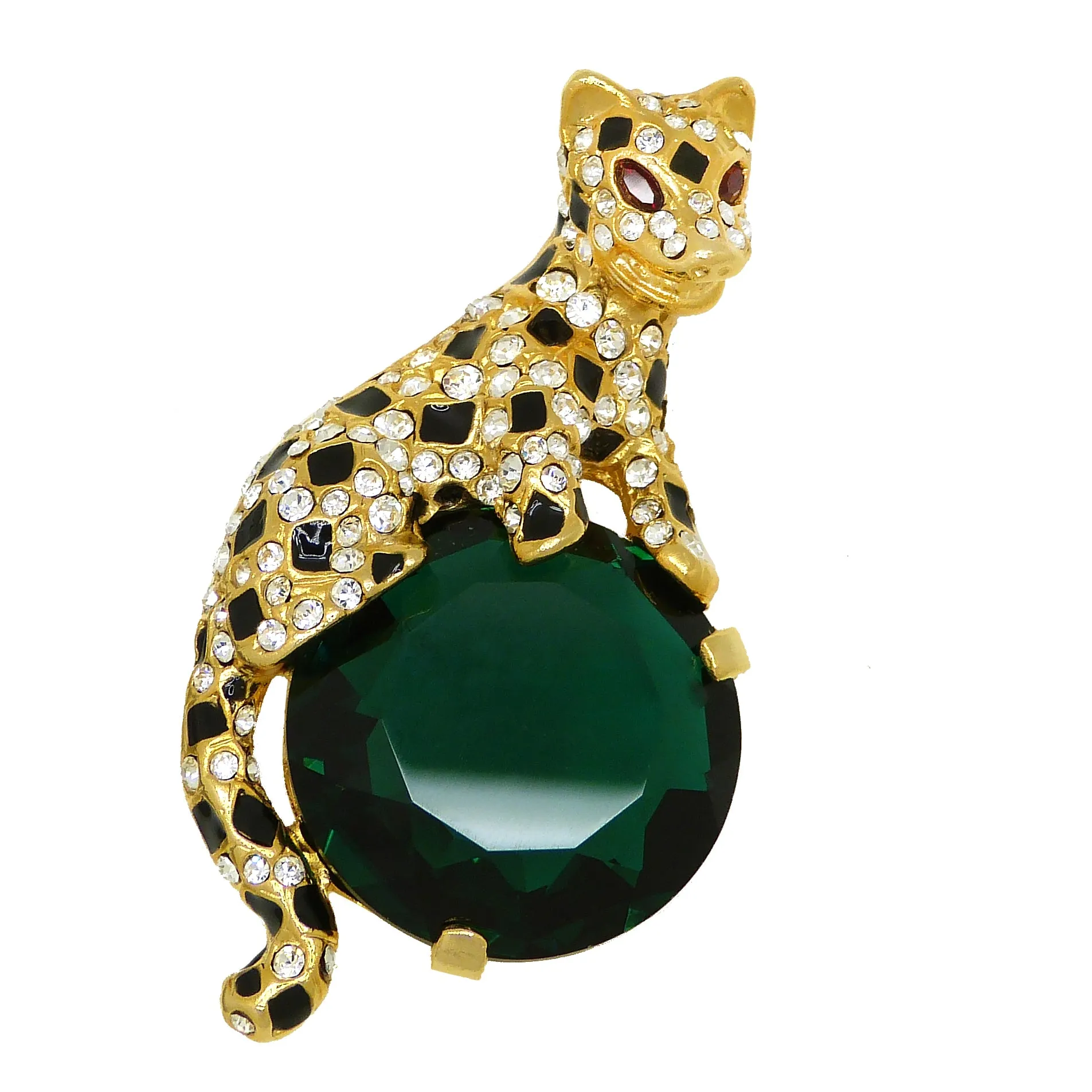 Kenneth Jay Lane KJL Gold-tone Crystal Emerald and Enamel Leopard Pin Brooch