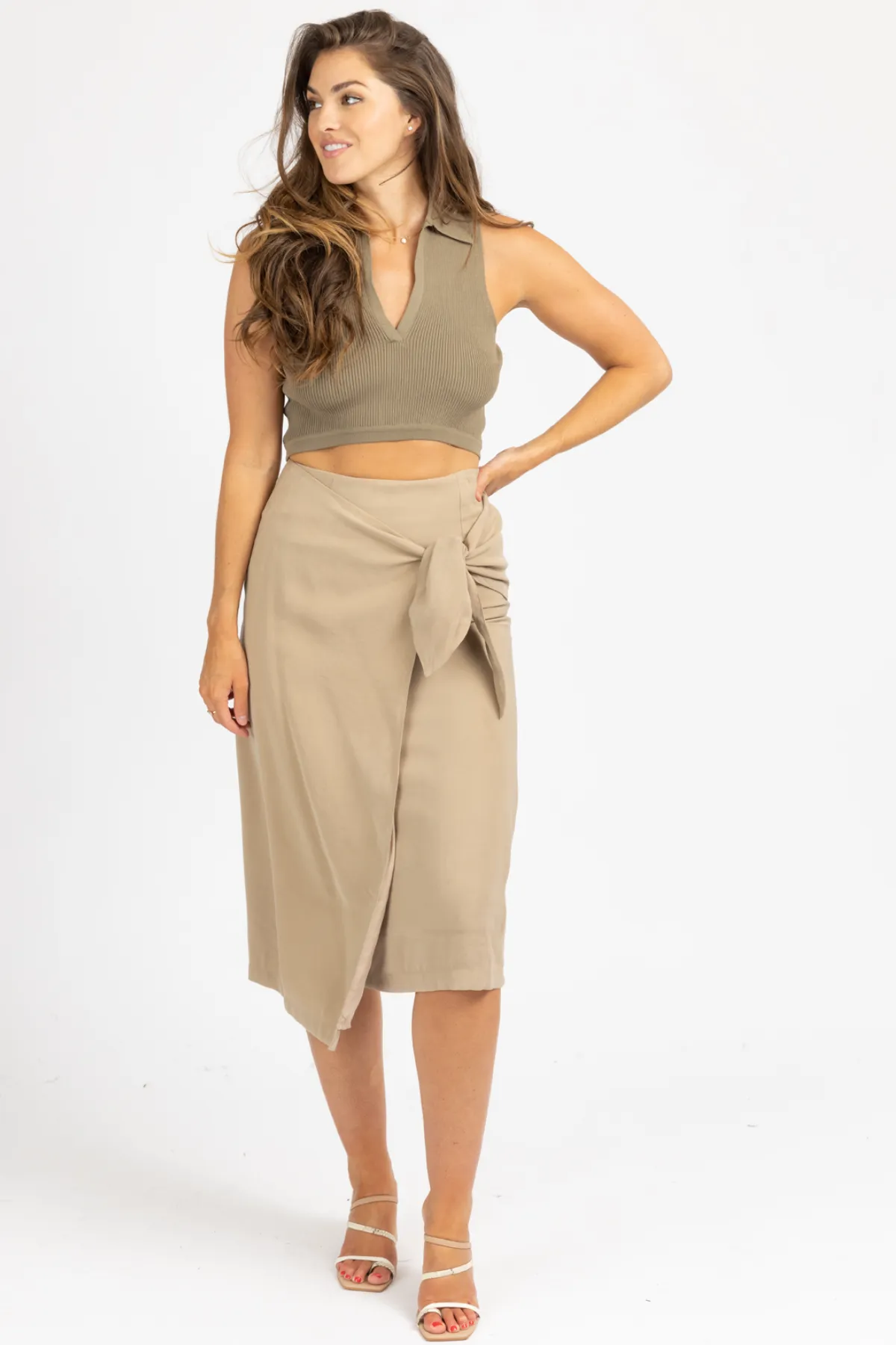 KHAKI WRAP TIE FRONT MIDI SKIRT