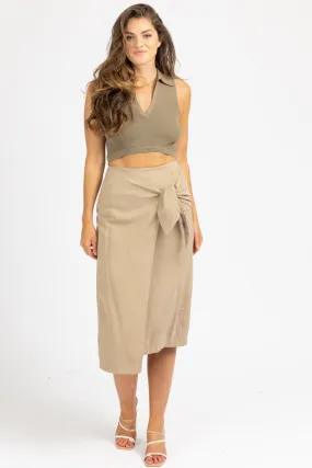 KHAKI WRAP TIE FRONT MIDI SKIRT