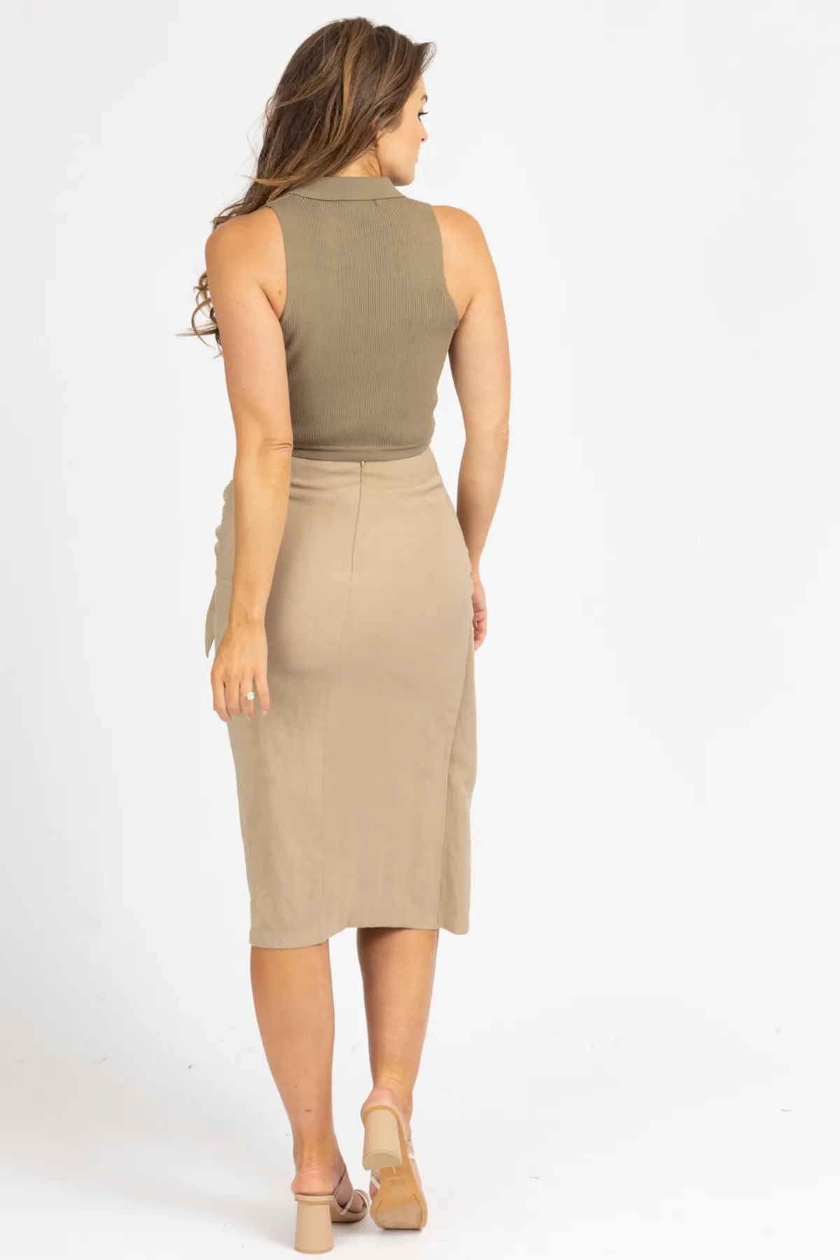 KHAKI WRAP TIE FRONT MIDI SKIRT