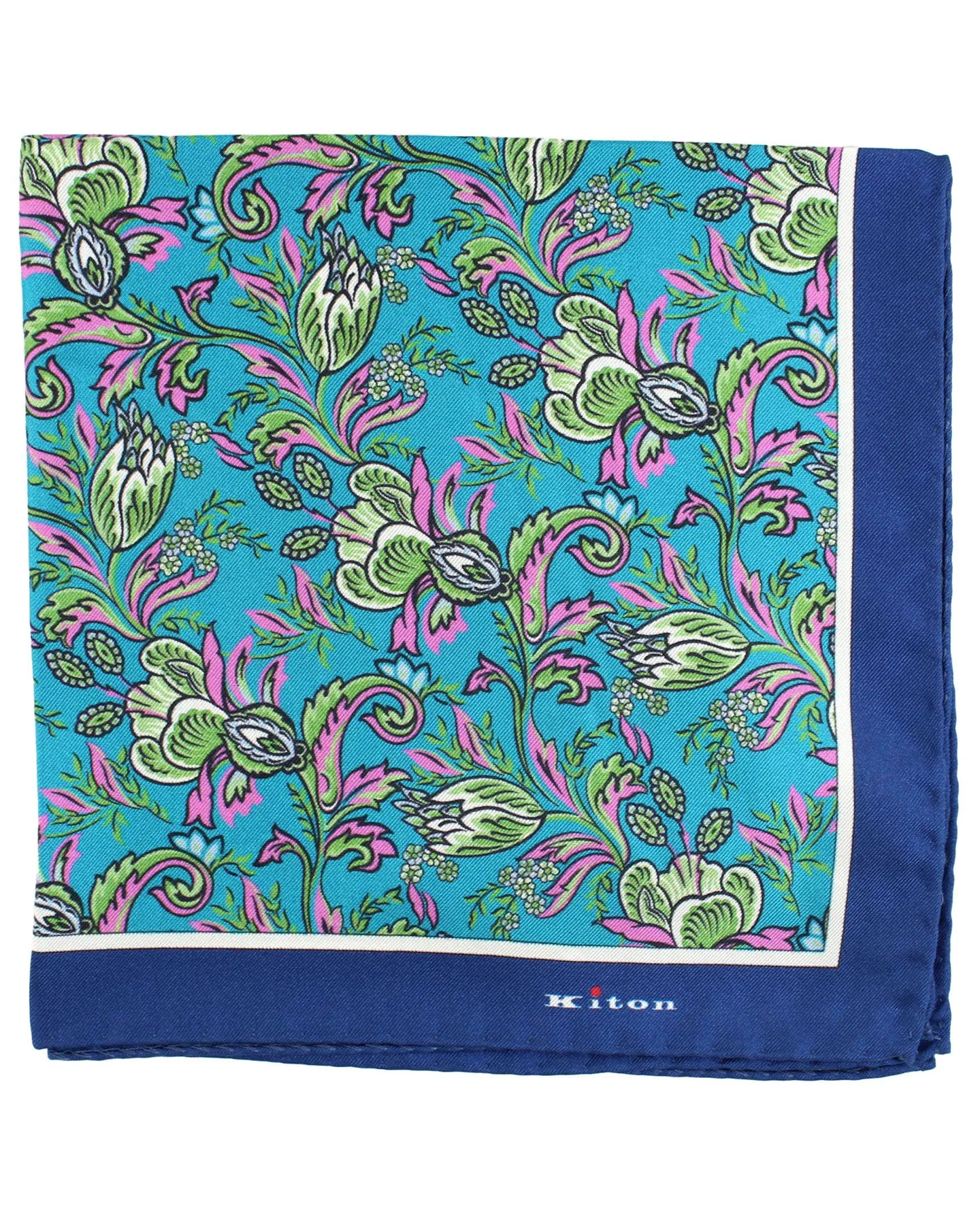 Kiton Silk Pocket Square Navy Green Pink Floral