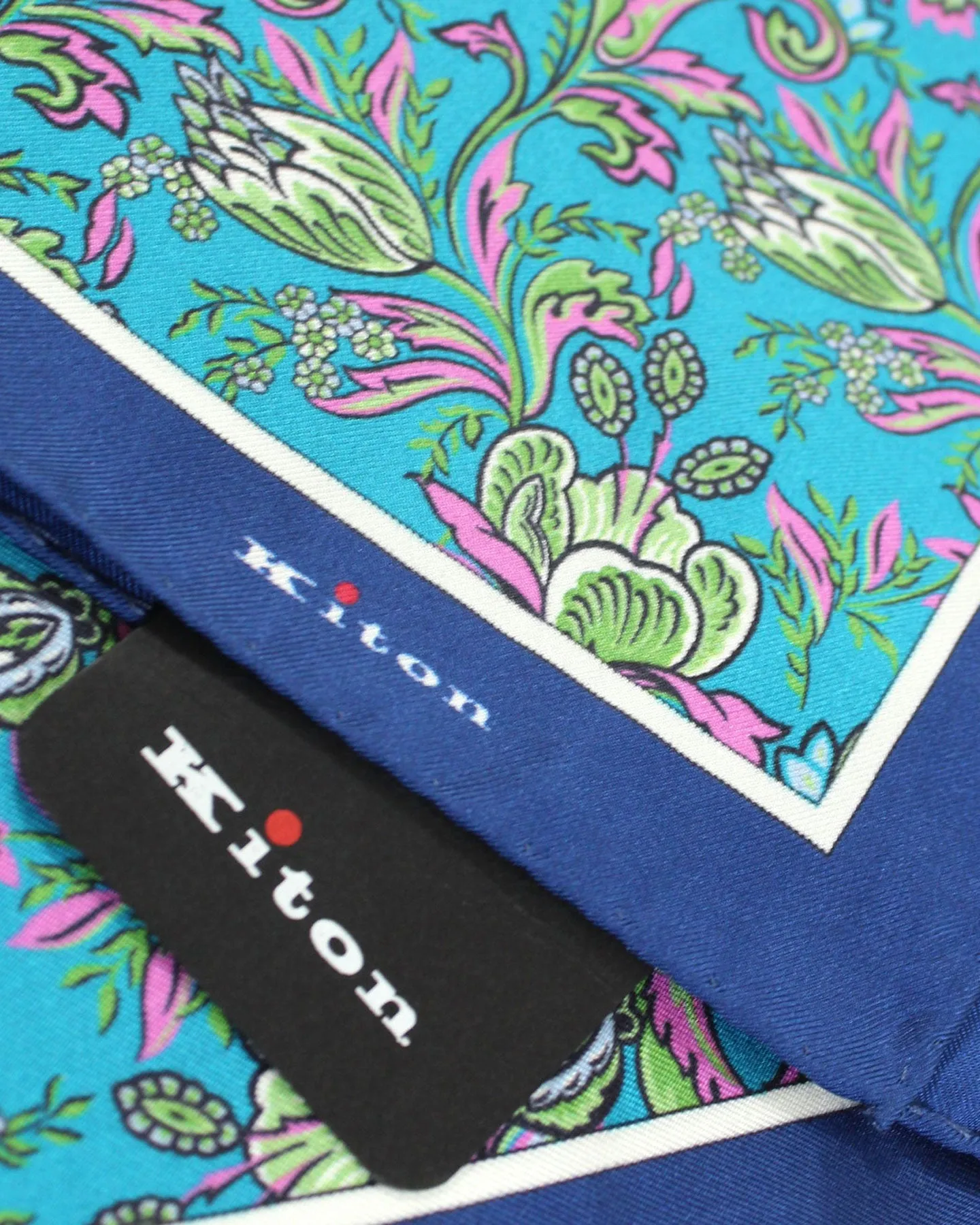 Kiton Silk Pocket Square Navy Green Pink Floral