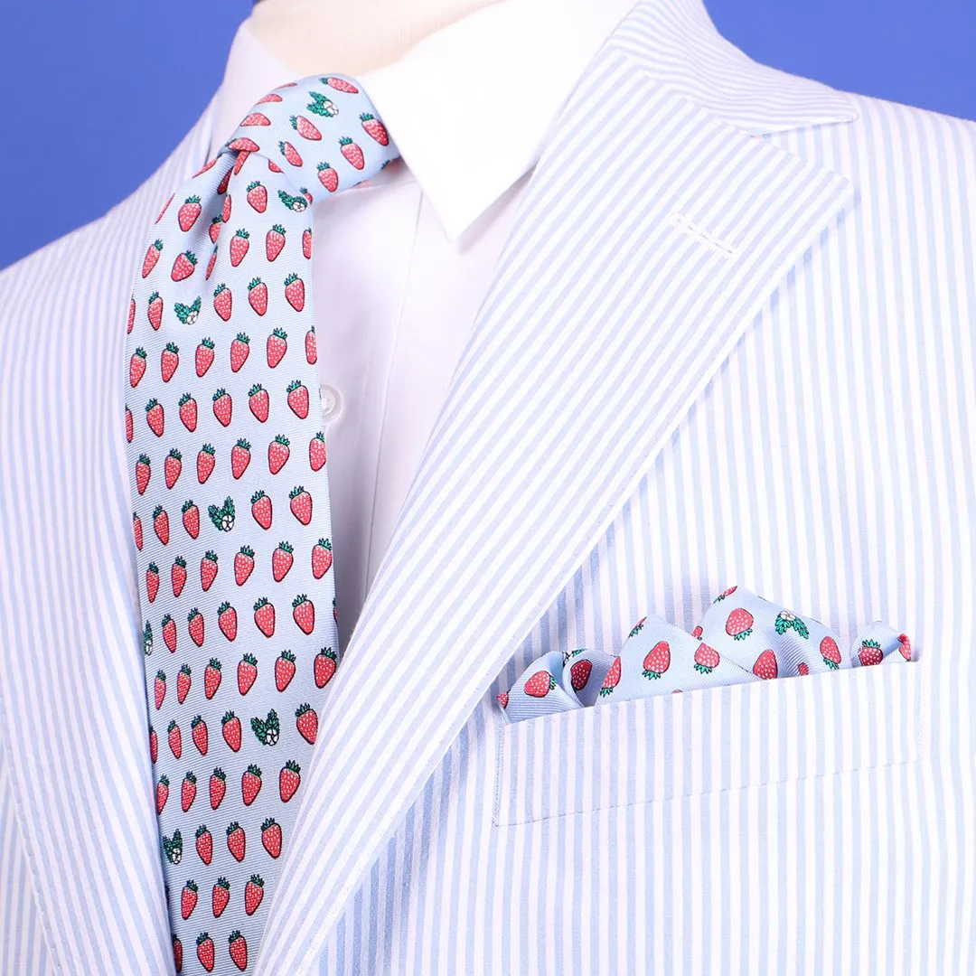 Limited Edition NOLA Couture X Haspel Lt. Blue Strawberry Print Pocket Square - O/S